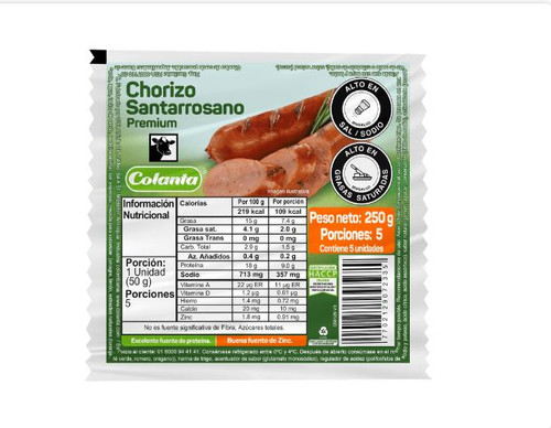 CHORIZO SANTARROSANO COMUN X 250 GR PQ X 5 UND
